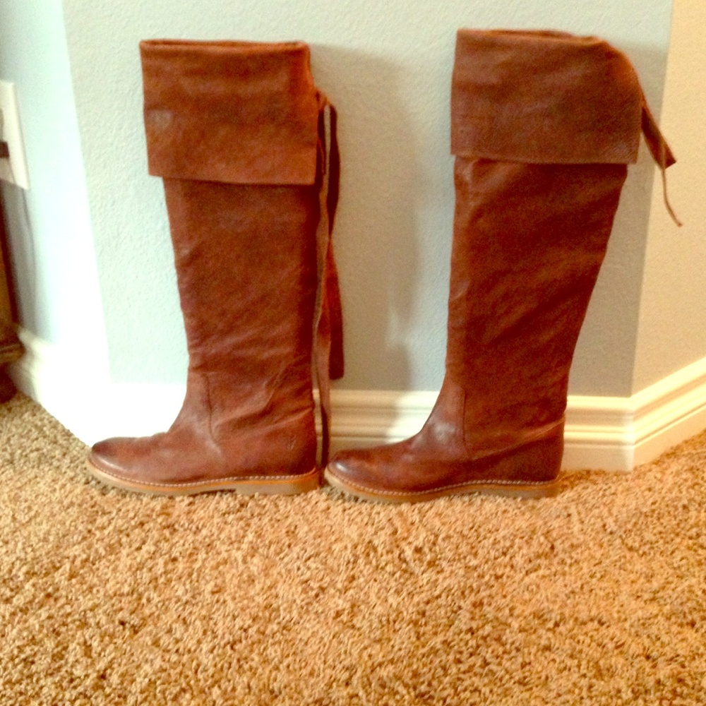 Frye Tall Fold-Over Leather Boots in Brown